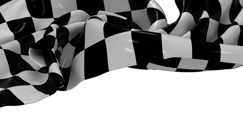 Close-up of a black and white checkered flag, dramatically draped. Perfect for racing, sports, and...