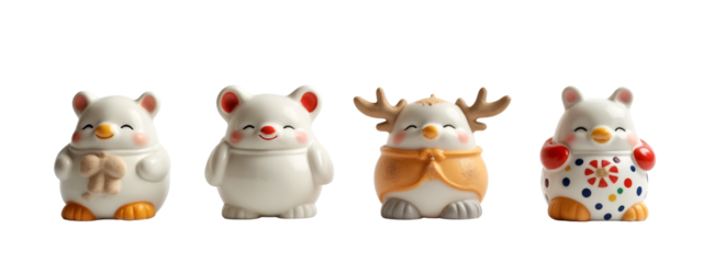 A set of four ceramic figurines of a bear, a bear cub, and a deer.