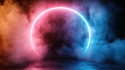 An artistic portrayal of a neon light circle emerging from a cloud of colorful smoke, creating an ethereal ambiance and exploring themes of modernity and abstraction.