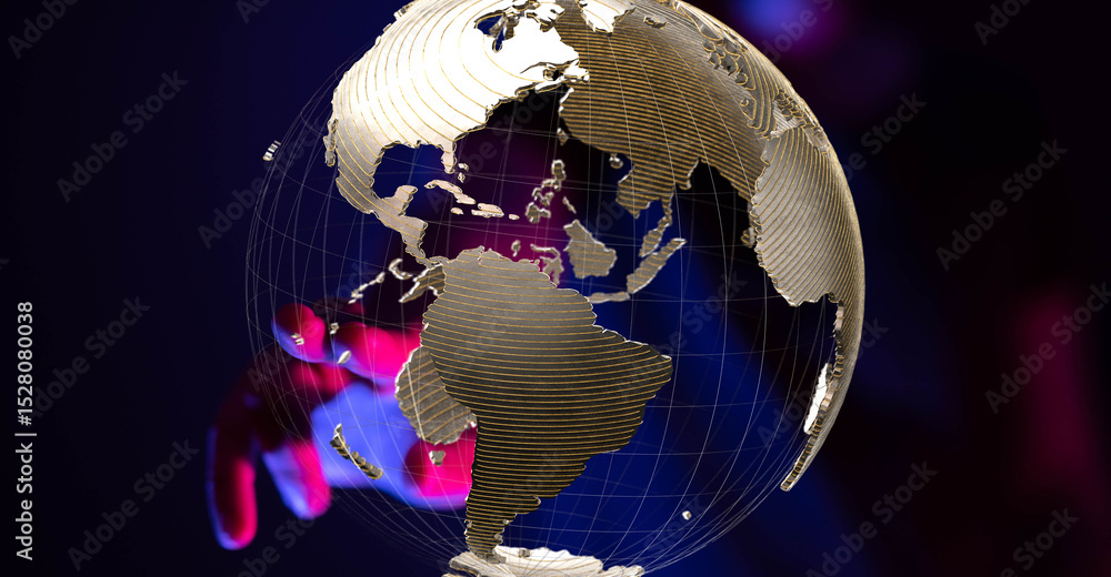 Aufkleber Abstract image of a hand holding a digital globe, representing global connections and networking.
