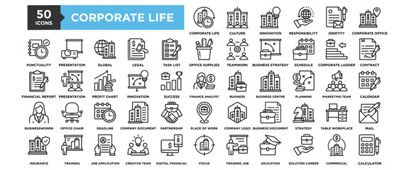 50 Corporate Life icon set. Containing design Corporate Culture, Corporate Innovation, Corporate Responsibility, Corporate Identity, Corporate Office, Contract