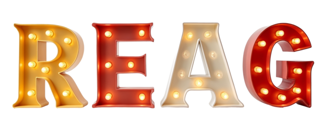 A set of three light up letters spelling the word REAG.