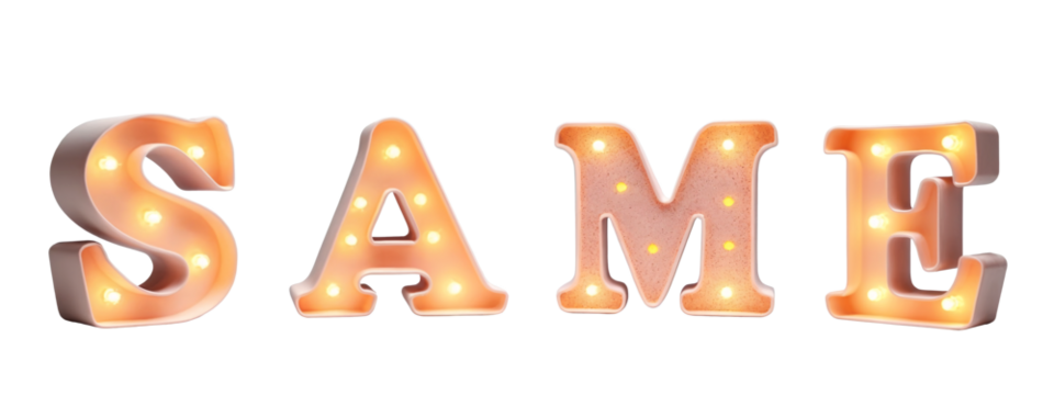 A set of three light up letters that spell "SAME"