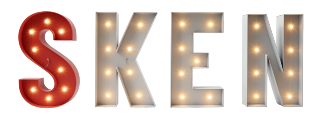 A set of three metal letters with lights on them.
