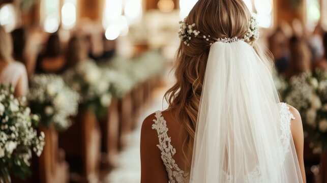 A bride captured from the back, adorned with a beautiful veil and floral crown as she stands gracefully in a sunlit wedding venue filled with guests.