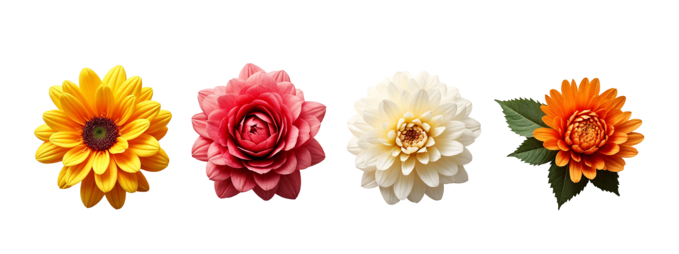 A group of three different colored flowers