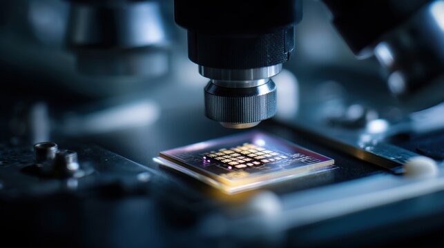 Closeup of quantum computer chip under lab microscope