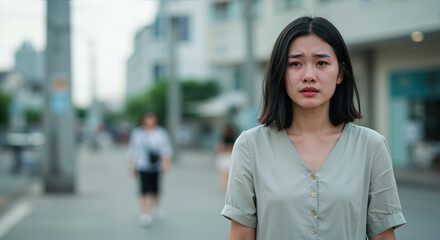 Sad asian woman standing alone on city street looking worried and depressed. Mental health awareness and emotional support. Depression therapy and counseling services