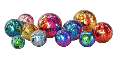 Colorful disco balls of various sizes.