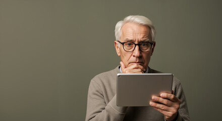 Senior man with glasses using tablet computer looking concentrated and thoughtful. Digital technology learning and communication. Online banking services campaign