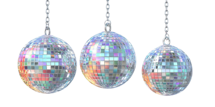 Three disco balls hanging from chains on a black background.