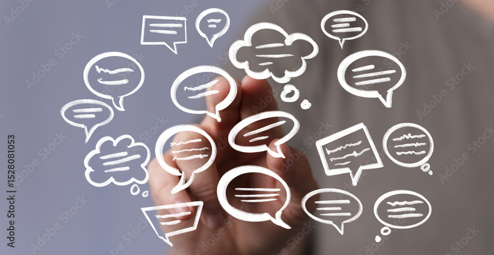 Aufkleber Abstract image of speech bubbles surrounding a hand, symbolizing communication and connection.