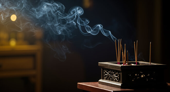 Incense sticks burning with smoke in ornate bronze holder creating aromatic atmosphere. Meditation and spiritual wellness concept. Religious ceremony services - Powered by Adobe
