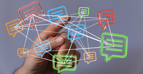 Hand interacts with a network of digital message bubbles, symbolizing global communication and interconnectedness.