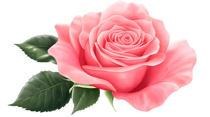 Fototapeta premium A pink rose with green leaves is the main focus of the image. The rose is the most prominent element, and the green leaves are placed around it, creating a sense of balance and harmony