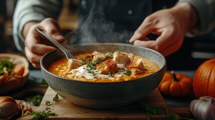 A close-up of a steaming bowl of comforting soup with chicken, garnished with fresh herbs, embodying warmth and culinary excellence in a cozy kitchen setting.