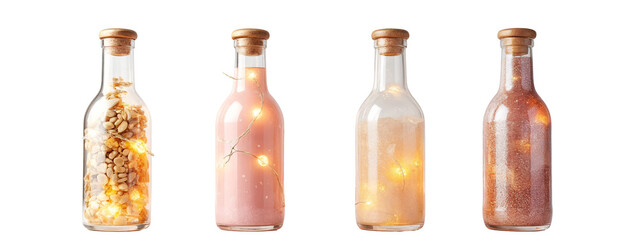 A set of four glass bottles filled with different colored lights.