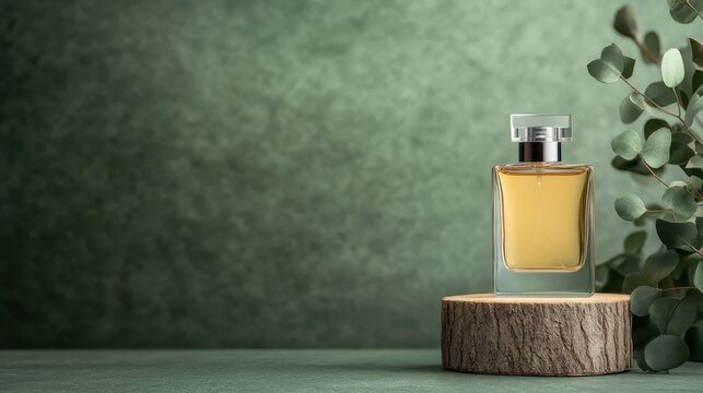 A beautifully designed perfume bottle rests on a wooden slice, exuding elegance and sophistication against a soft green backdrop that enhances its visual allure.