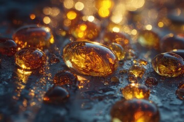 Golden liquid droplets glistening on a surface, possibly related to aloe vera, under unusual atmospheric conditions, creating an extraordinary visual effect