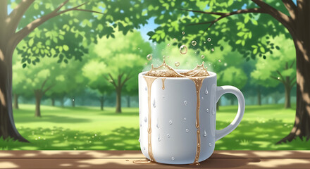 Obraz premium Refreshing Coffee Break in a Lush Green Park A Serene Summer Morning Illustration