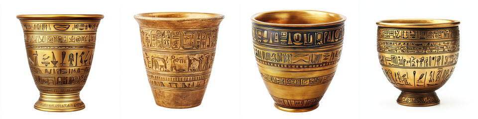 Golden Egyptian style plant pots with intricate hieroglyph engravings showcase ancient artistry and elegance, perfect for home decor