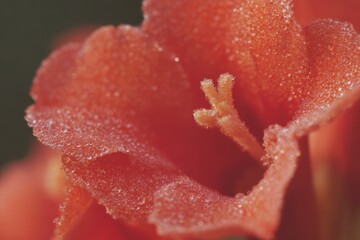 Dew coats bright red flower petals and stamen in Tropical garden during an unusual weather event, showcasing a rare and beautiful moment