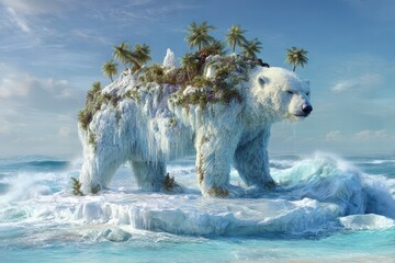 Polar bear with tropical island habitat atop its back walks through ocean, climate change is visible, rare weather conditions occur