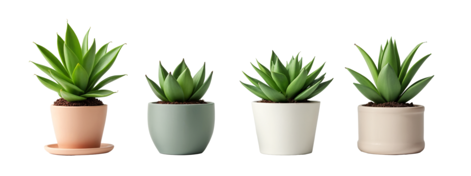 A set of four different colored pots with plants in them.