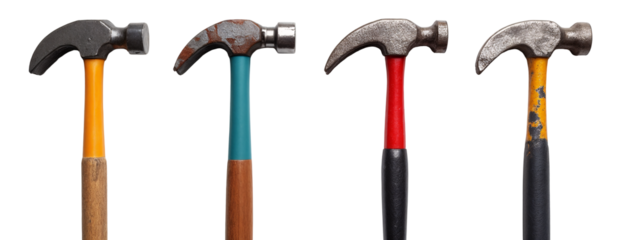 A row of four different colored hammers