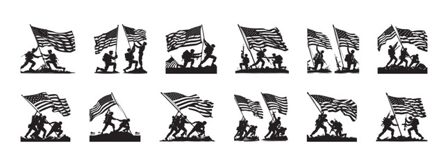 Silhouettes of american soldiers raising us flags representing patriotism and military service