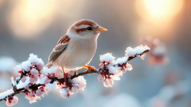 A tiny sparrow perched delicately on a snow-covered branch, surrounded by blooming flowers, embodying the beauty of nature and the contrast of seasons.