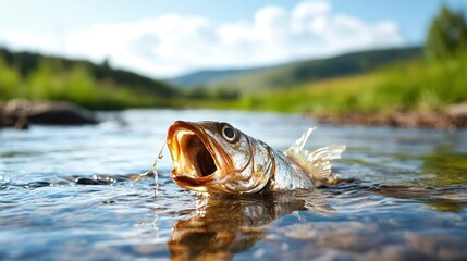 Fototapeta premium A captivating freshwater fish leaps from the water, creating splashes against the backdrop of a serene, natural landscape with hills and lush greenery.