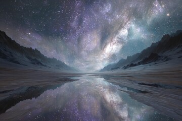Fototapeta premium Canyon reflects nebulae and galaxies at night creating unusual weather conditions in a landscape affected by cataclysmic events