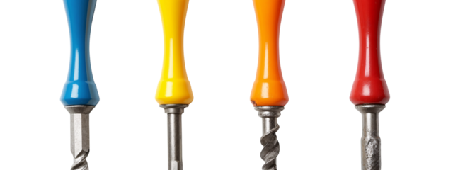 A row of four different colored screwdrivers lined up in a row.