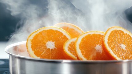 Vibrant orange slices arranged in a pan, gently steaming as they release their aromatic essence, highlighting the freshness and culinary potential of this delightful fruit.