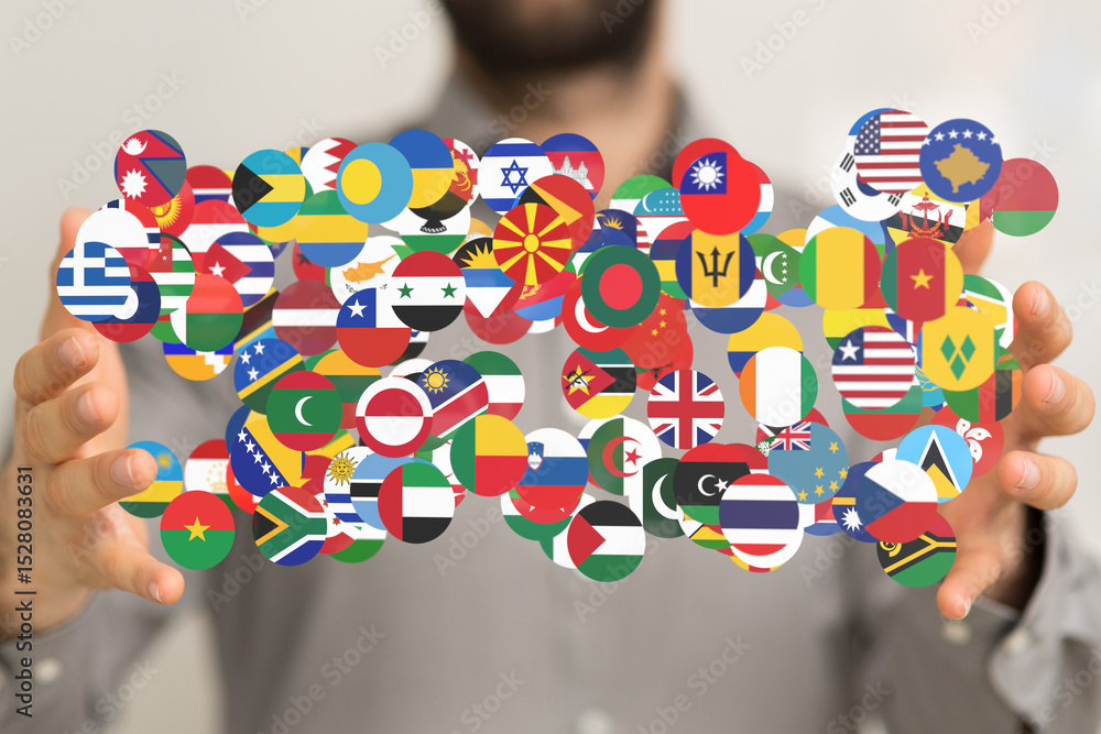 Poster image of hands holding various national flags, representing global unity and international relations