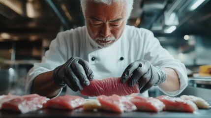 An experienced chef skillfully prepares sushi in a bustling kitchen, showcasing a close-up of vibrant fish and meticulous attention to detail, representing culinary mastery and passion.