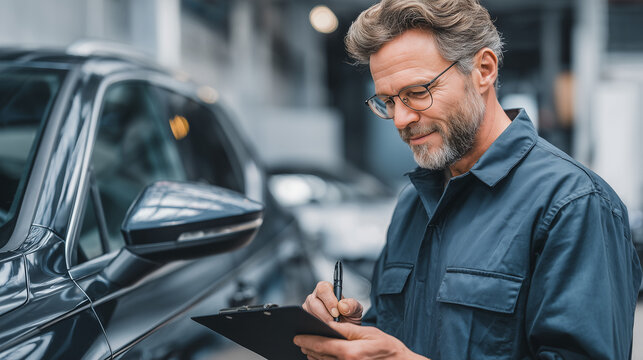Friendly Car Appraiser Inspecting Modern Vehicle with Checklist in Natural Daylight, High Quality Automotive Photo