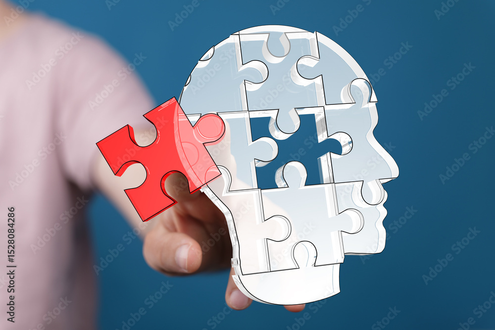 Poster abstract image depicting a human head as a jigsaw puzzle, representing problem-solving, mental healt
