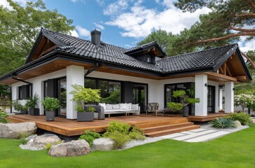 a modern house with white walls and a black roof. On the lawn, there is a wooden terrace and brown wooden steps leading up to it