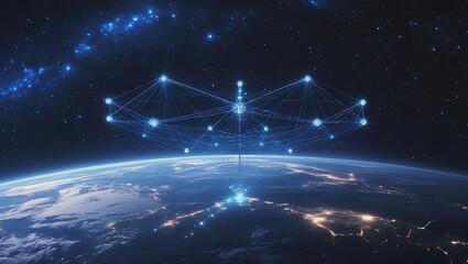 A network of satellites orbits Earth, forming a connected grid for global communication.
