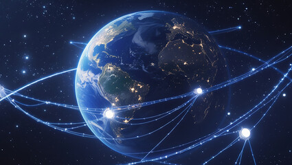 Obraz premium A satellite network orbits Earth, connecting global communication systems.
