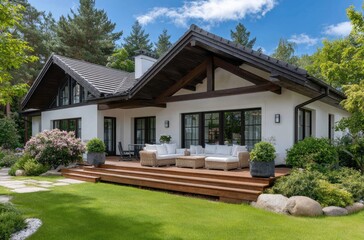 a modern house with white walls and a black roof. On the lawn, there is a wooden terrace and brown wooden steps leading up to it