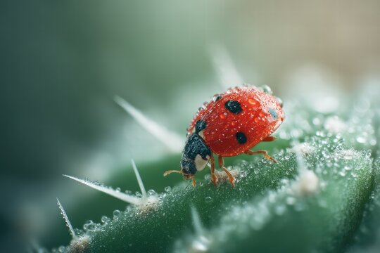 Red ladybug covered in frost clings to green cactus during an unexpected winter freeze in a Desert environment