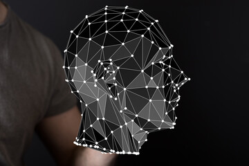 Abstract polygonal head, digital art, AI, technology, future, innovation, network, connection, data, concept.
