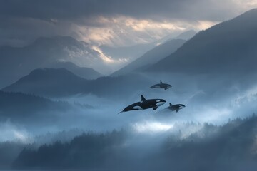 Fototapeta premium Orcas breaching the sky over misty Mountains, a surreal scene illustrating abnormal weather and potential cataclysm near British Columbia