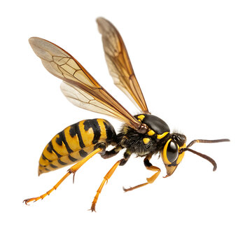 A yellow jacket wasp in a flying attack pose isolated on a transparent background