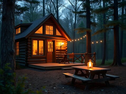 Cozy Cabin in Woods with Warm Light and Peaceful Picnic Table