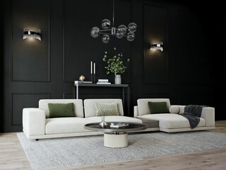 3d modern living room with sofa.Luxury interior, modern large sofa with armchairs, carpet	