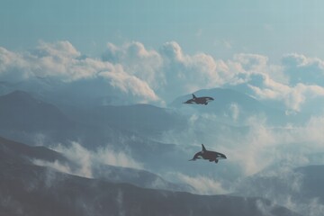 Orcas swimming through the sky above mountainous terrain, an unusual atmospheric phenomenon over the high mountains
